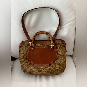 Eric Javits Brown and Tan Shoulder Bag with Bamboo Handle